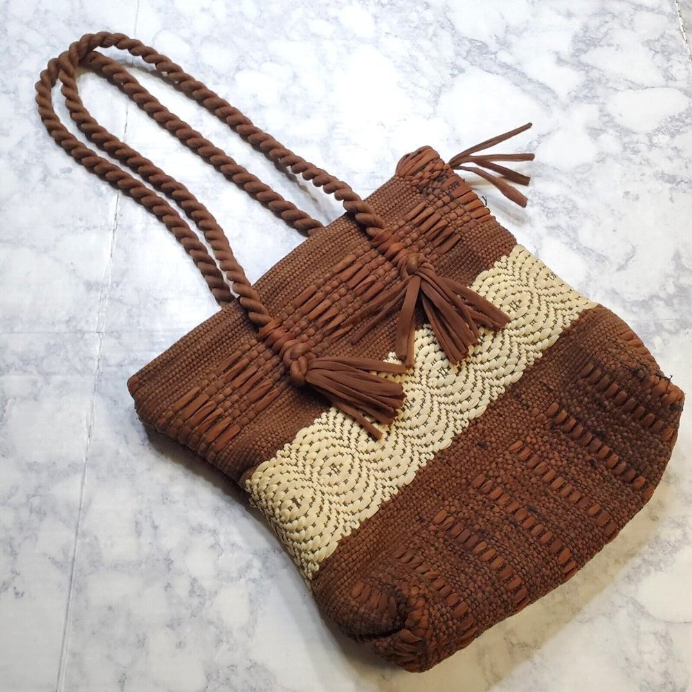 Vintageโ 70s Purse Handbag Tote Brown Cream Colorblock Boho Zippered Soft Nylon